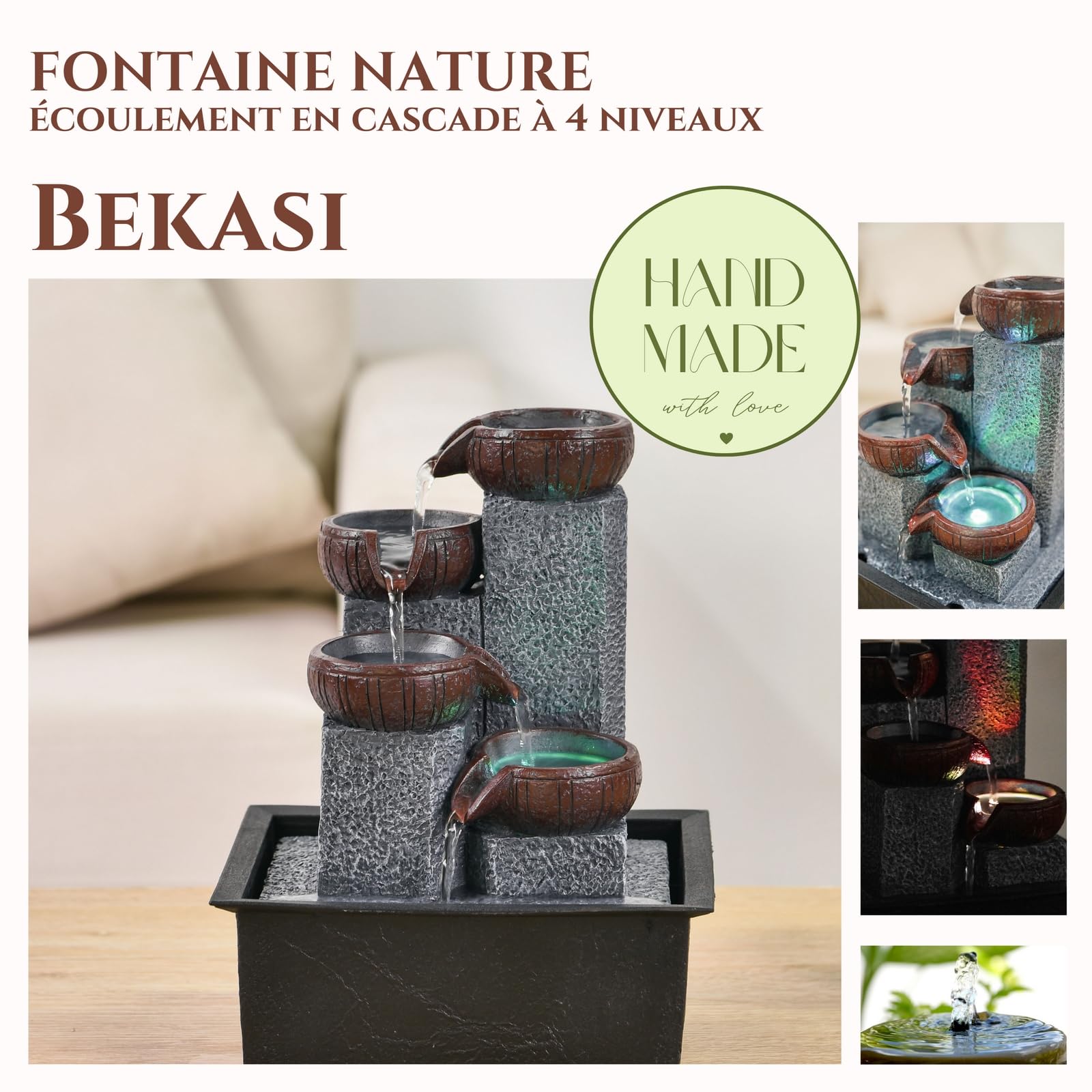 Geelong Zen'Light Kamerfontein, waterval, 3 niveaus, pot, natuursteeneffect, kleurrijk ledlicht, decoratie voor binnen, Zen en elegant, tafelfontein, buitengewoon cadeau-idee, H 21 cm