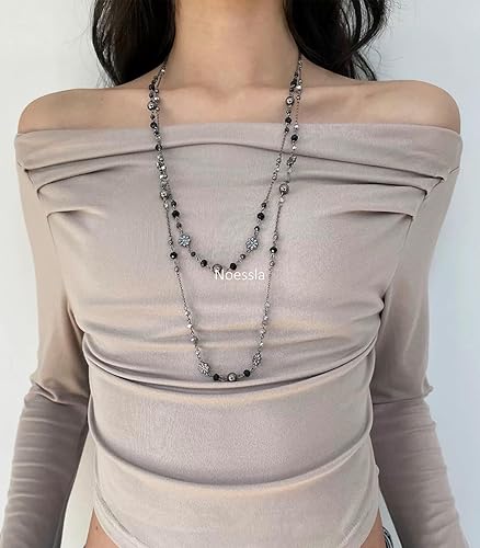 Miniatura 3 de Noessla Collares largos en capas para mujer, collar de cuentas negras y plateadas, vintage, joyería de disfraz de flores, regalos de cumpleaños para