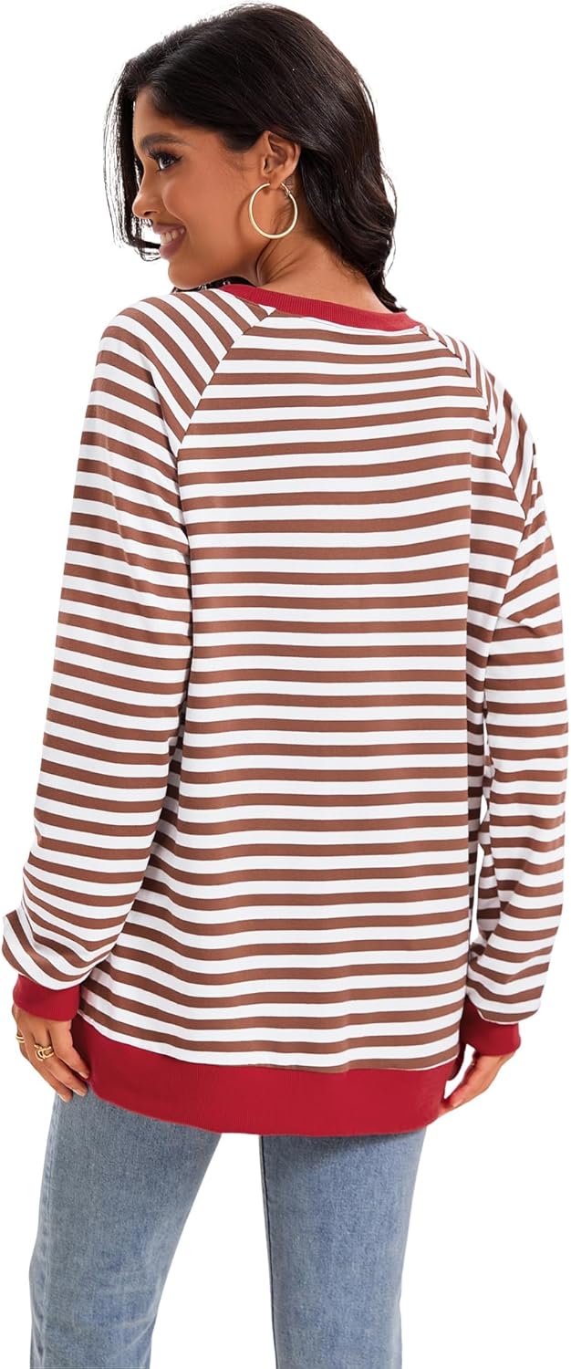 Womens Striped Color Block Sweatshirt Oversized Side Slit Crew Neck Loose Shirts Long Sleeve Pullover Tops 2025 Trendy - Image 4