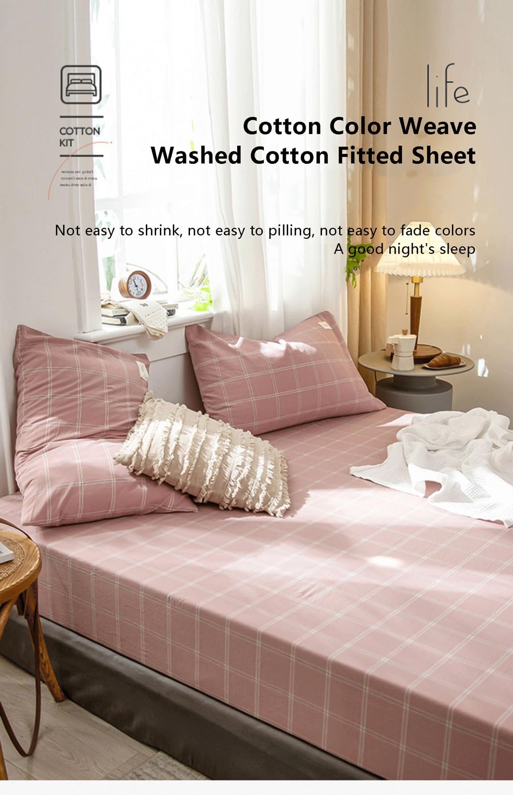 Lenzuolo con angoli in 100% cotone lavato, per letto matrimoniale XL e matrimoniale, morbido e traspirante, solo con tasca profonda 20 cm (rosa, lenzuolo con angoli per letto singolo)
