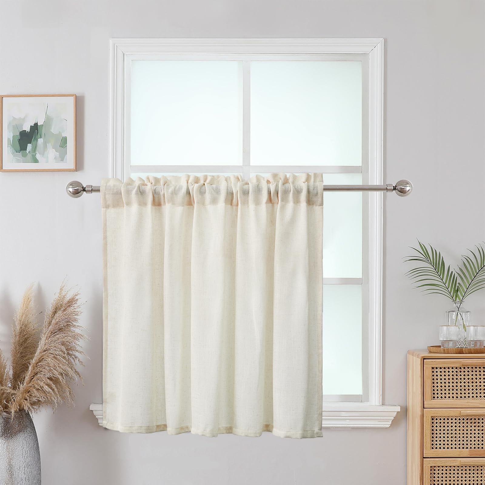 CUCRAF Kitchen Cafe Curtain True Linen 1 Panels Natural Short Lightweight Rod Pocket Small Window Drape for Bedroom Living Room