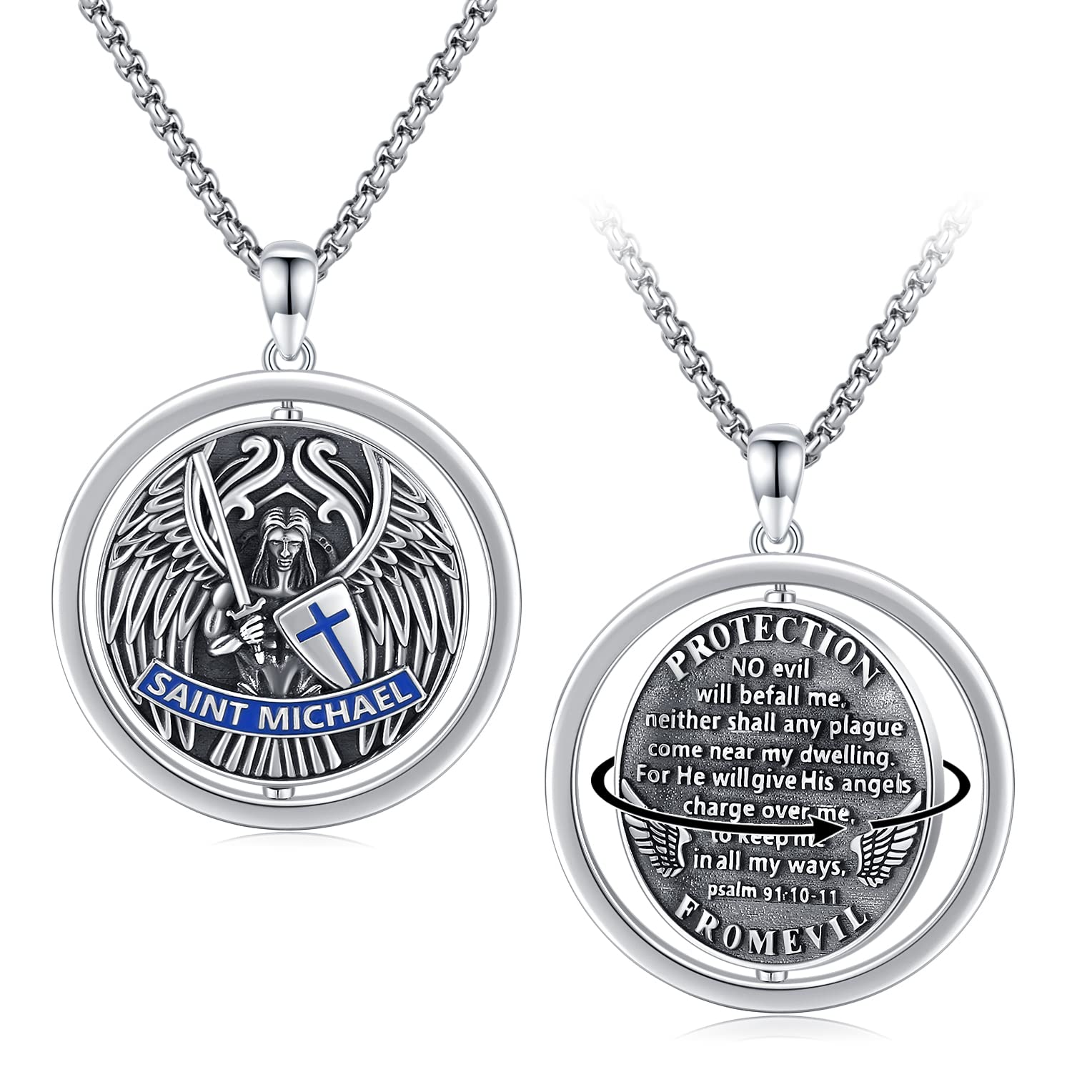 StoryEtain925 Sterling Silver Patron Saint Medals Amulet Protection Pandent Necklace Cross Faith Jewelry for Men(2.5mm 22"+2" Rolo Chain)