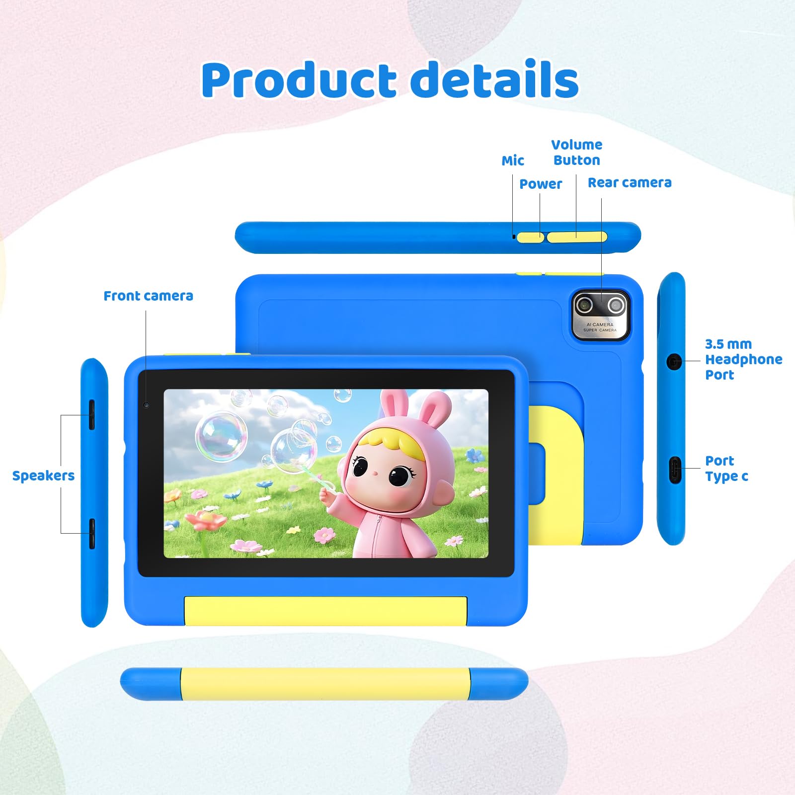 Whitedeer 2026 Latest Kids Tablet, 7 inch Tablet for Kids 3-7 Ages 8GB RAM +64GB ROM, Android 13, Parental Controls, Dual Camera, Wi-Fi, Bluetooth, Type-C, Impact Resistant Case, Gift,Blue - 5