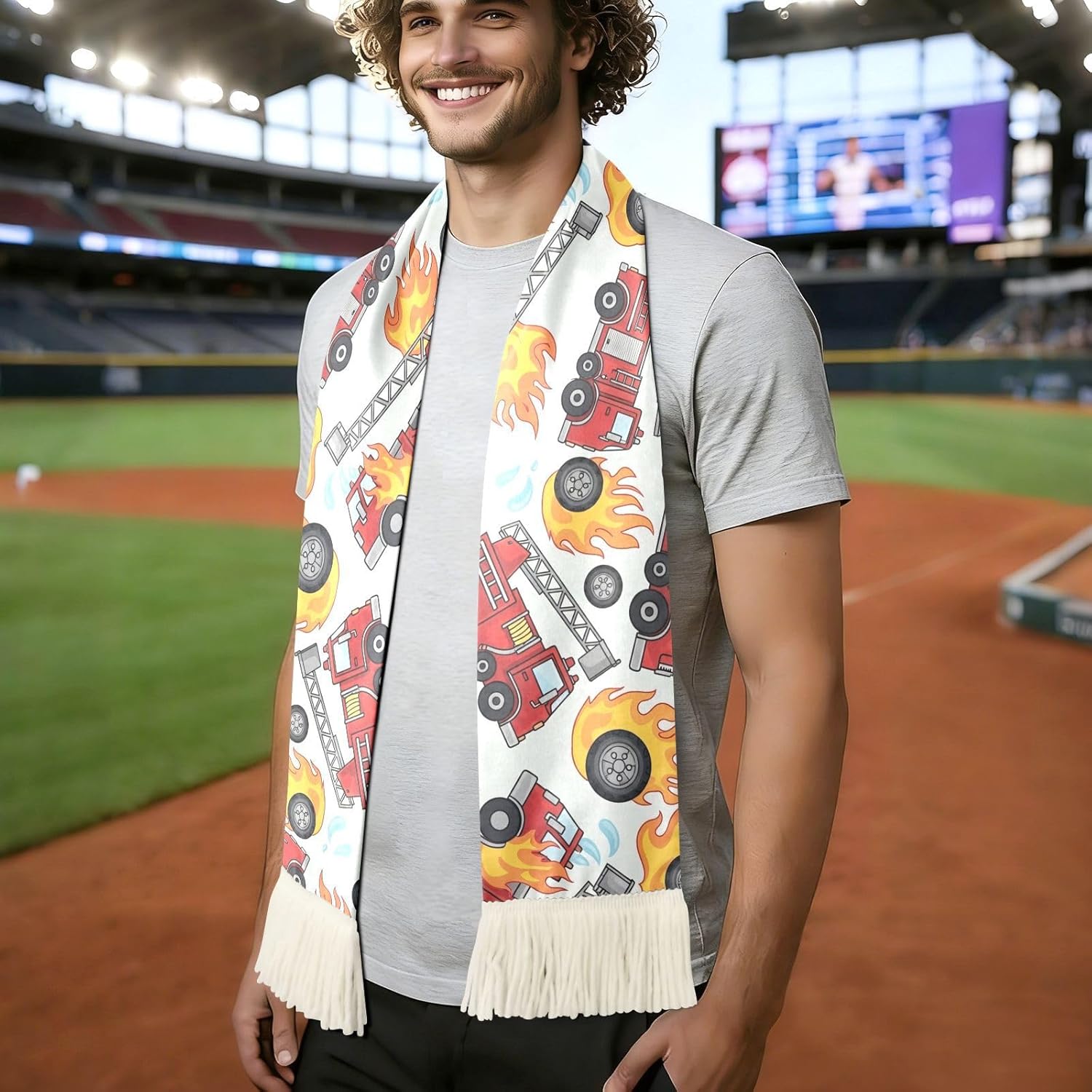 CHIFIGNO Red Fire Trucks Sports Fan Scarf for Soccer Games, Soft Polyester, Quick Dry Sweat Towel, Customizable Print for Events