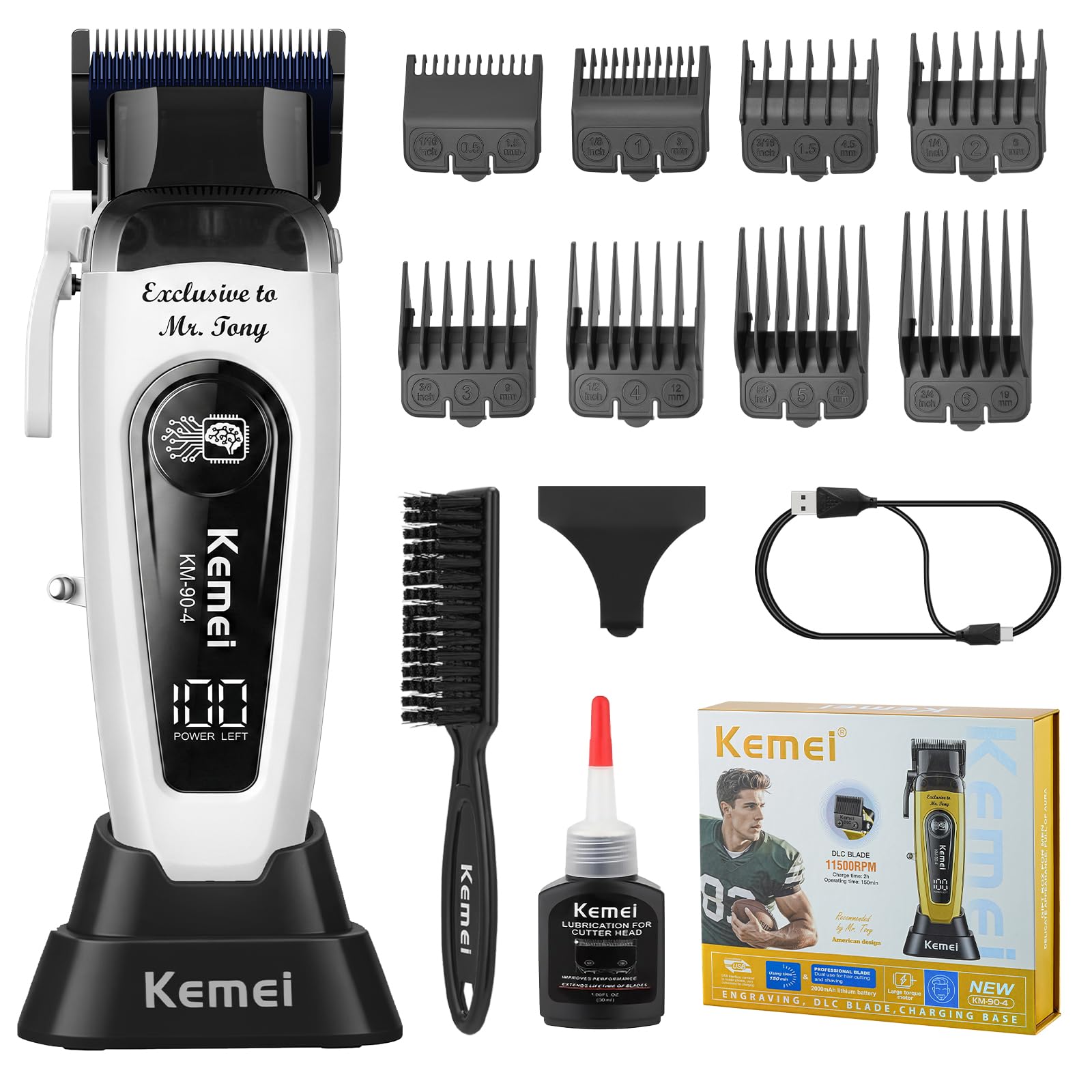 KEMEI 90-4Elektrischer Haarschneider MÄNNER, Haarschneidemaschine Profi | Bürstenlosem 11500 RPM Motor, DLC-Klinge & 8 Aufsteckkämmen, LED-Display & Ladestation-Perfekt für Anfänger & Profis(Weiß)