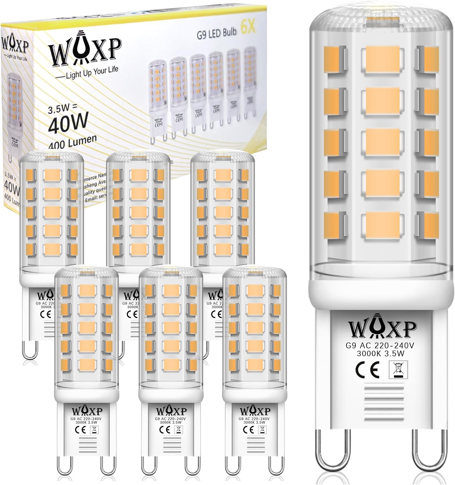 G9 LED Bulbs Warm White 3.5W, 3000K, 400LM, Non-Flickering, Equivalent 40W G9 Light Bulbs, Non-Dimmable, Pack of 6