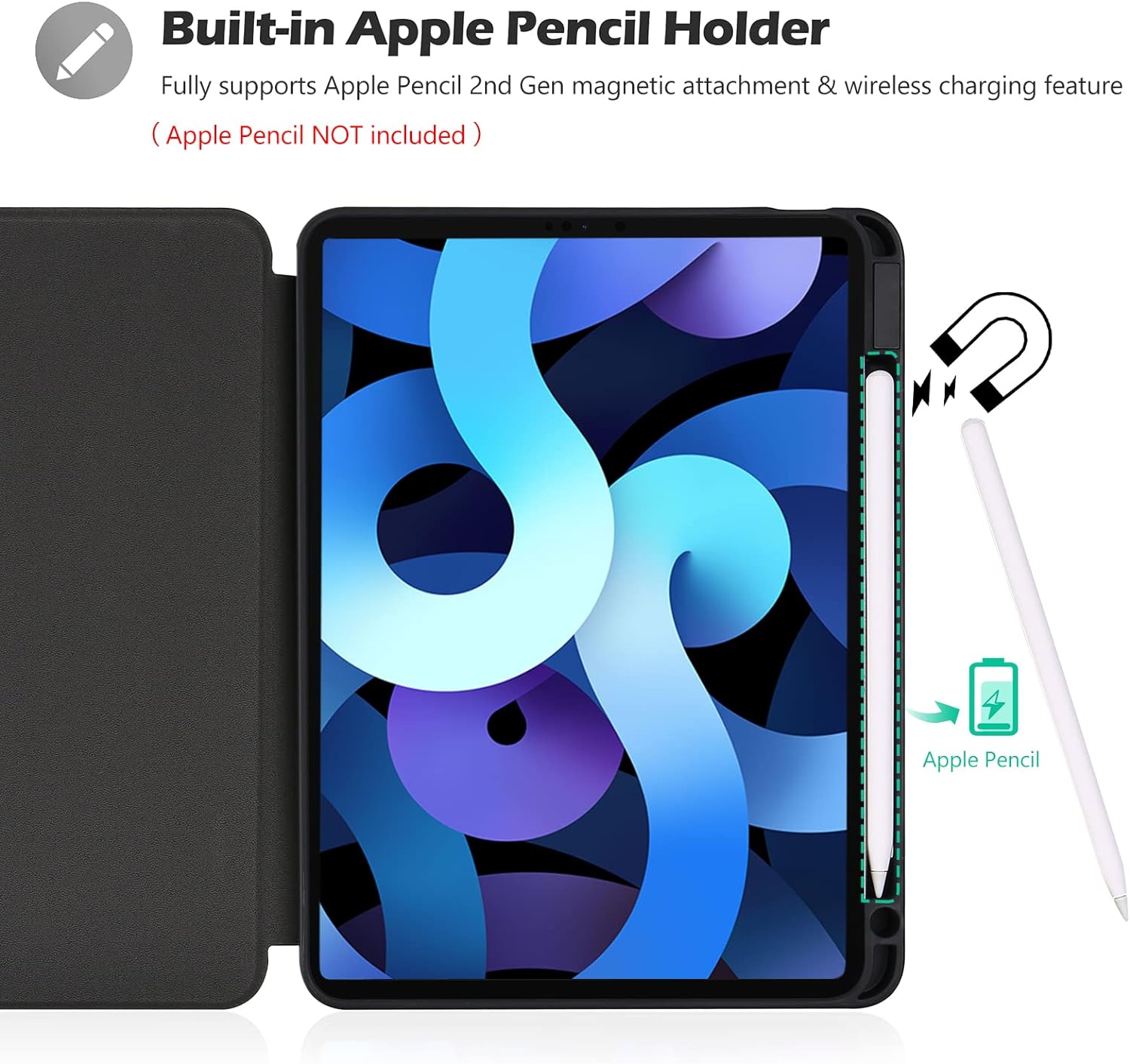 Close-up image of the ProCase Slim Case showing the built-in Apple Pencil holder with a magnetic charging icon and an Apple Pencil inserted.