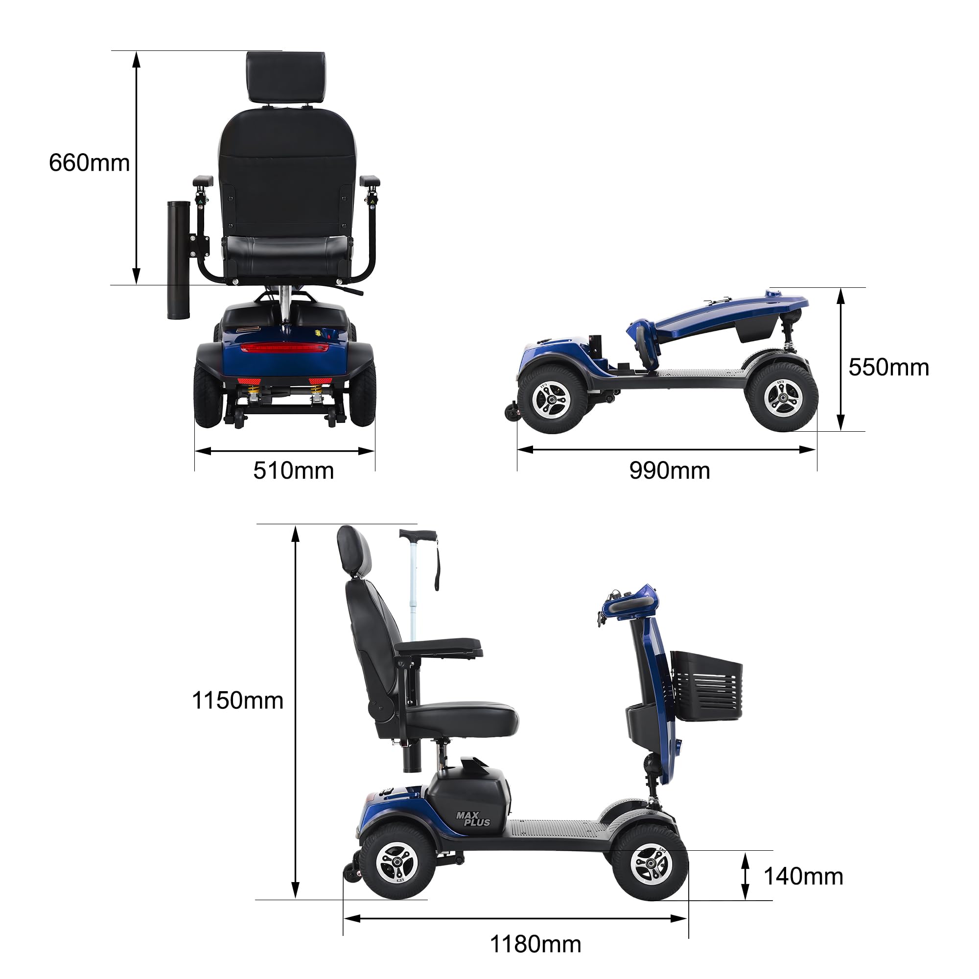 Scooter de movilidad de largo alcance MAX Plus de 24 V para personas mayores: batería de 20 Ah, neumáticos neumáticos de 9 pulgadas, diseño plegable.(Azul)