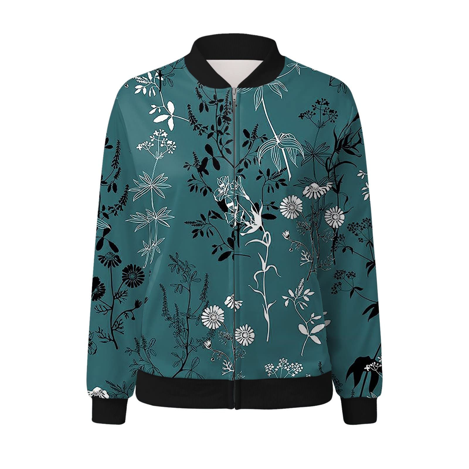Blouson Bomber Femme Mode Manteau Slim Fit Biker Moto Zipper Court Fleur Imprimer Veste Chic Blouson Court S-XXL