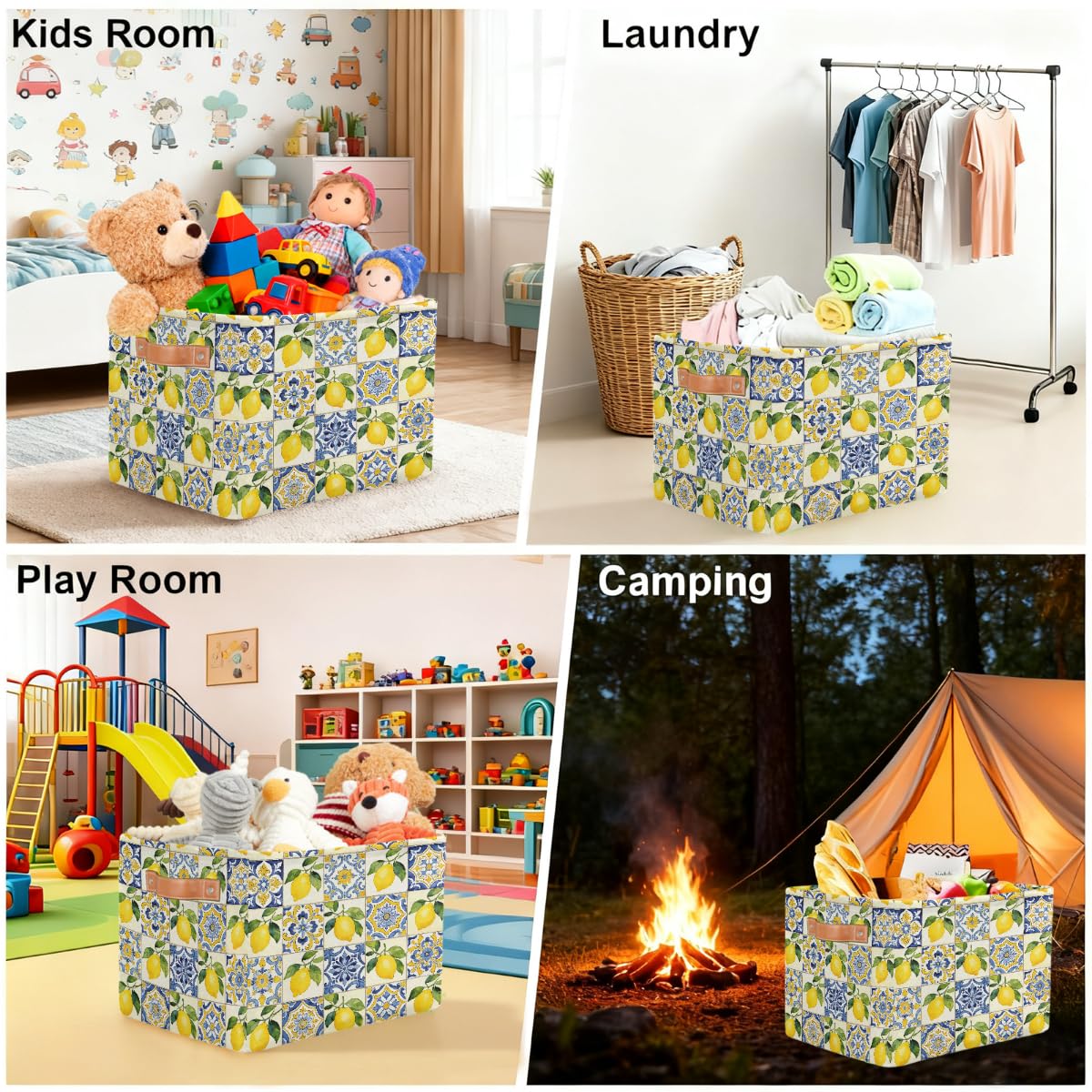 Rechteckiger Aufbewahrungskorb mit Ledergriffen, Retro-Sommer, Zitronenmuster, 2 Stück, faltbarer Stoff-Aufbewahrungskorb für Schrank, Badezimmer, Wohnzimmer, Büro, Spielzeug, Organizer