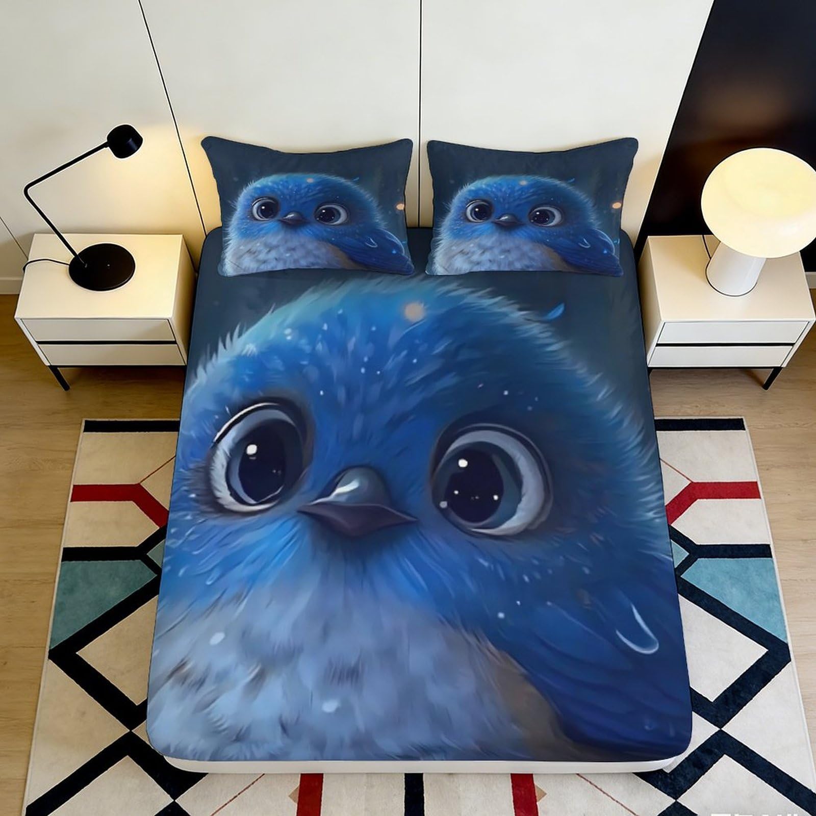 3D Printed Blue Cartoon Bird Fitted Sheet Microfiber Soft Bedroom Decor Cute Owl Mattress Cover for Home Dorm 90x200x25cm