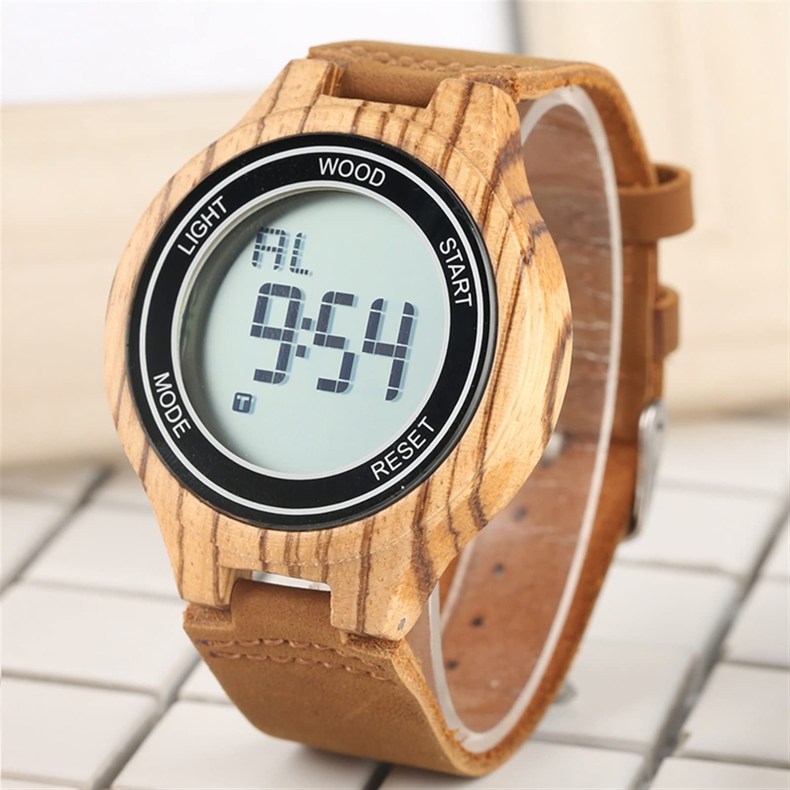 Visione notturna PORTATO Orologi digitali orologio da uomo in legno naturale uomo orologio da polso elettronico in pelle di legno fatti a mano Uomo Orologi da polso
