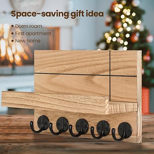 Miniatura 7 de Soporte para llaves montado en la pared, 9.8 x 6.7 x 4.2 pulgadas, estante decorativo de pared con ganchos para llaves, correa de perro, cartera,