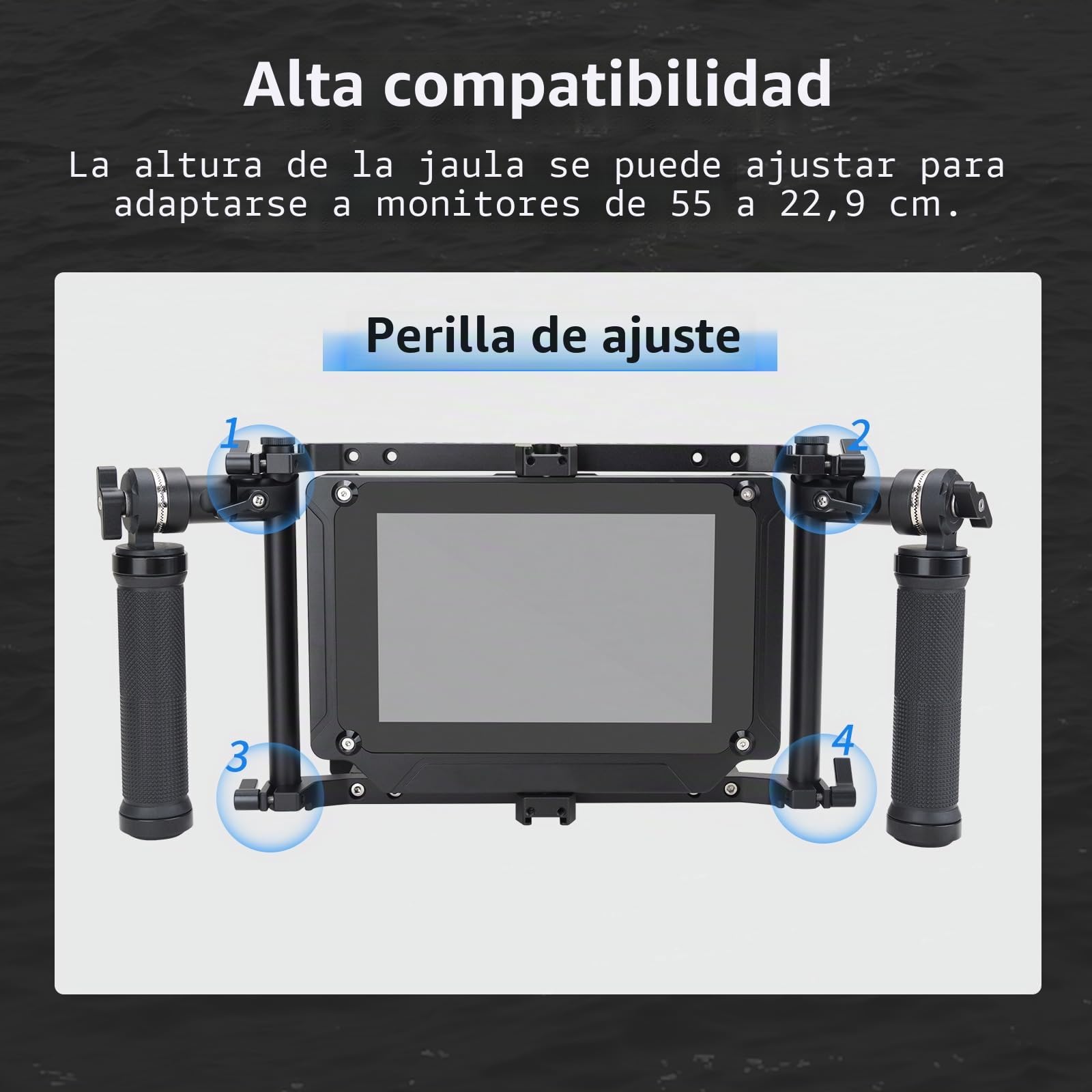Nitze Director's Monitor Cage para Monitores LCD de 5"/7"/9", Jaula Universal para Monitor con Mango Lateral de Goma Ajustable - JSQ-002 | Asas ajustables, plato de queso