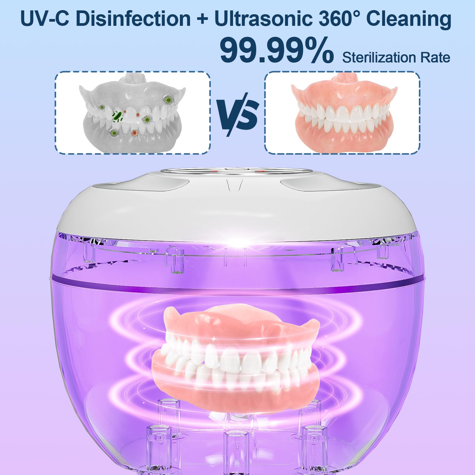 Pulitore a ultrasuoni Vankarr UV, 45000Hz 25W Pulitore portatile a ultrasuoni Pod dentale per bite dentali, protesi, fermi, allineatori, 4 lampade UV-C, 200ml, bianco