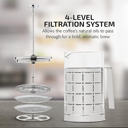 Miniatura 3 de OVENTE Cafetera de prensa francesa de 34 onzas, sistema de filtro de acero inoxidable de 4 niveles y vidrio de borosilicato resistente al calor,