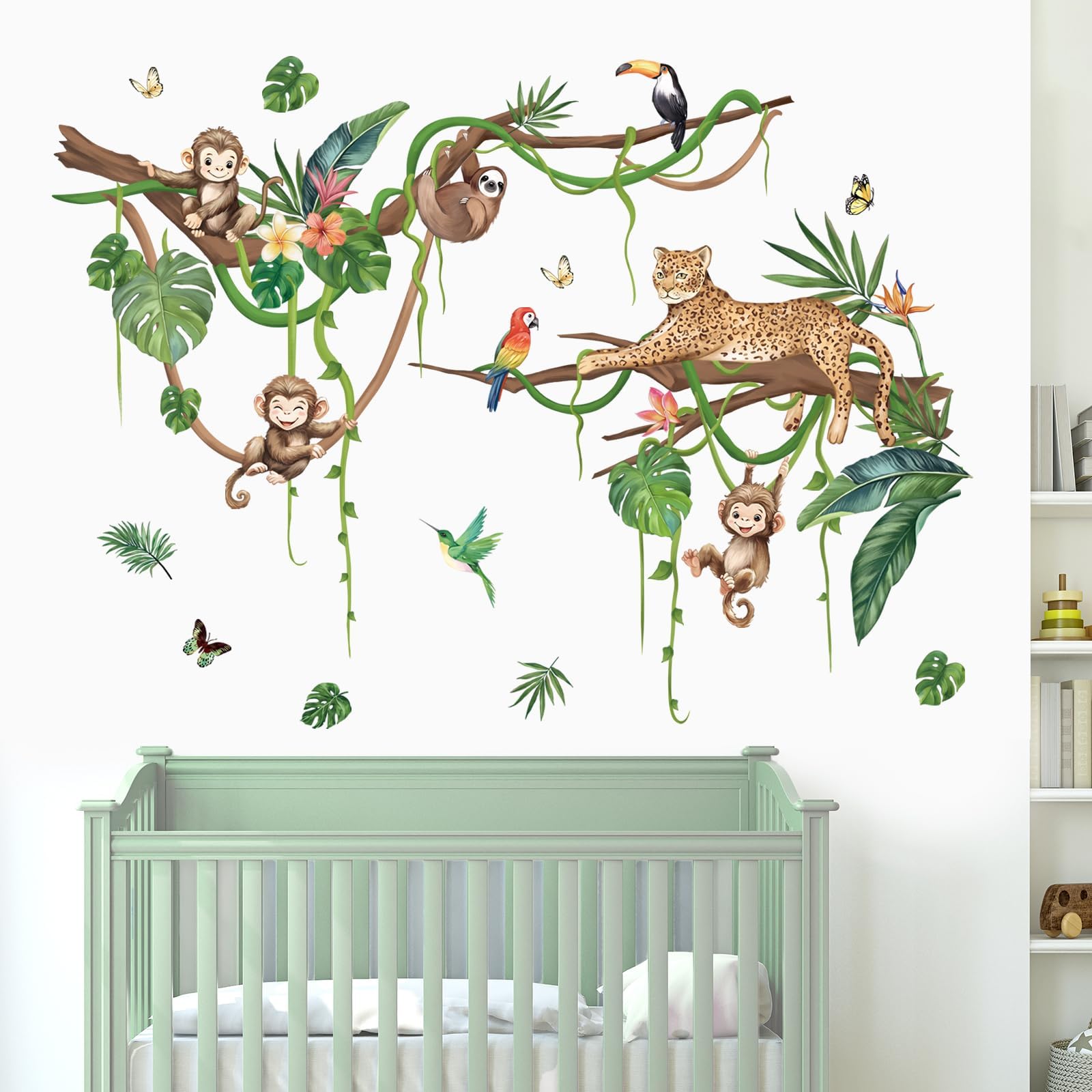 – Jungle Animals Wall Stickers Cute Sloth Leopard Monkey Climbing Tree Branch Wall Decals PVC Peel and Stick for Kids Nursery Bedroom Living Room