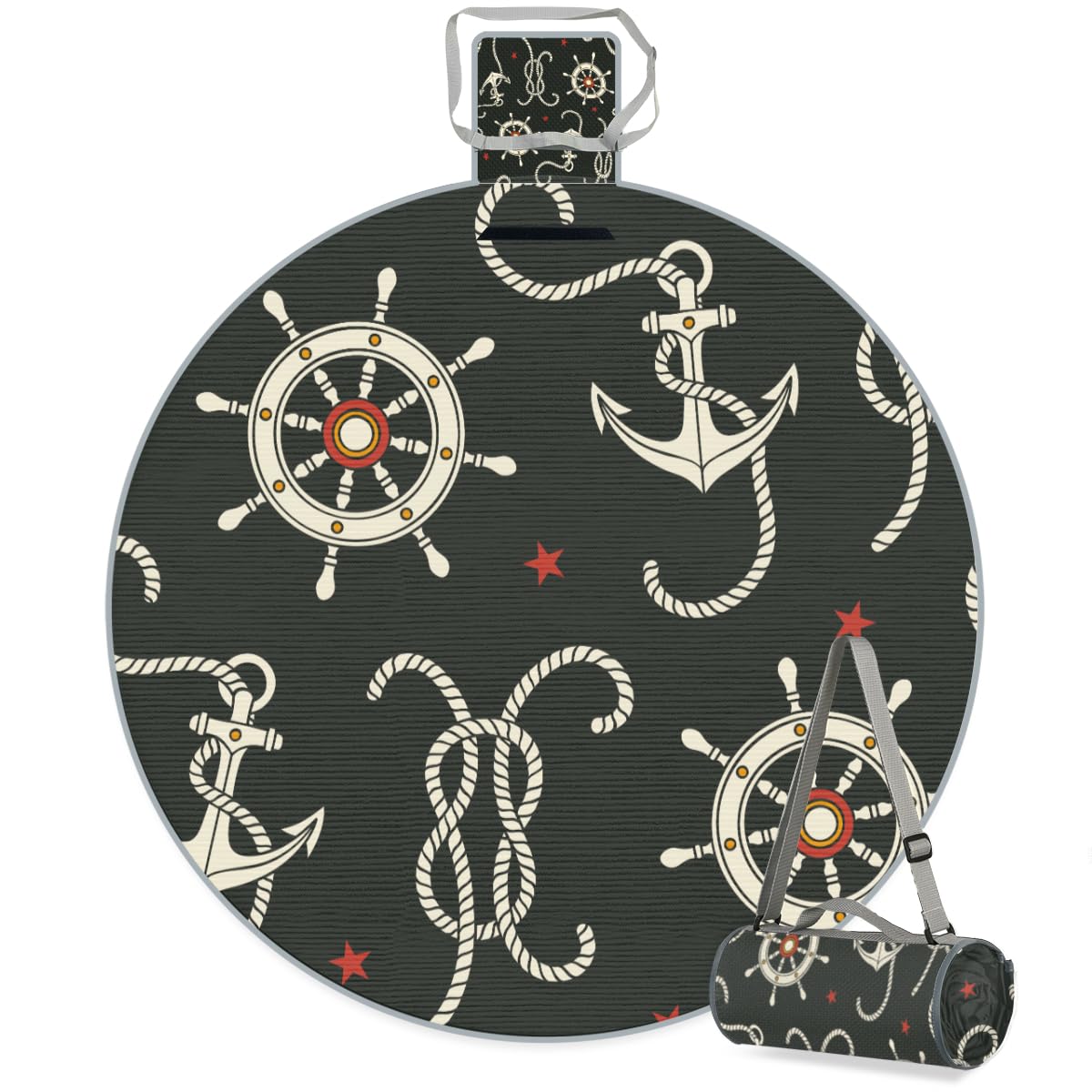 Shimoshe Ocean Nautical Anchor Stars Picnic Outdoor Blanket Foldable Waterproof Sandproof Beach Blanket Portable Water-Resistant Round Picnic Mat for Travel Camping Park Lawn