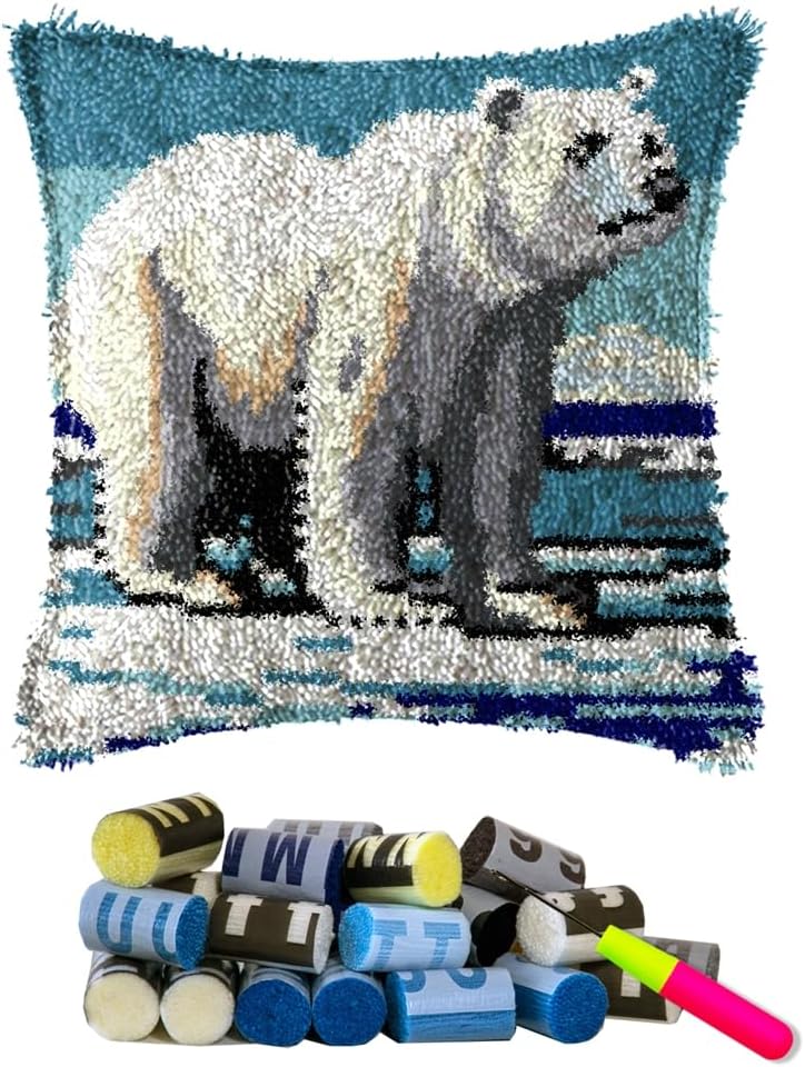 DL-YTG Latch Hook Kits Pillow Polar Bear Crochet Yarn Cushion Colour Printed Canvas Rug Needlework DIY Pillowcase Hook and Latch Kit Christmas Home Arts Crafts Sofa Decoration 42x42cm/16X16inch