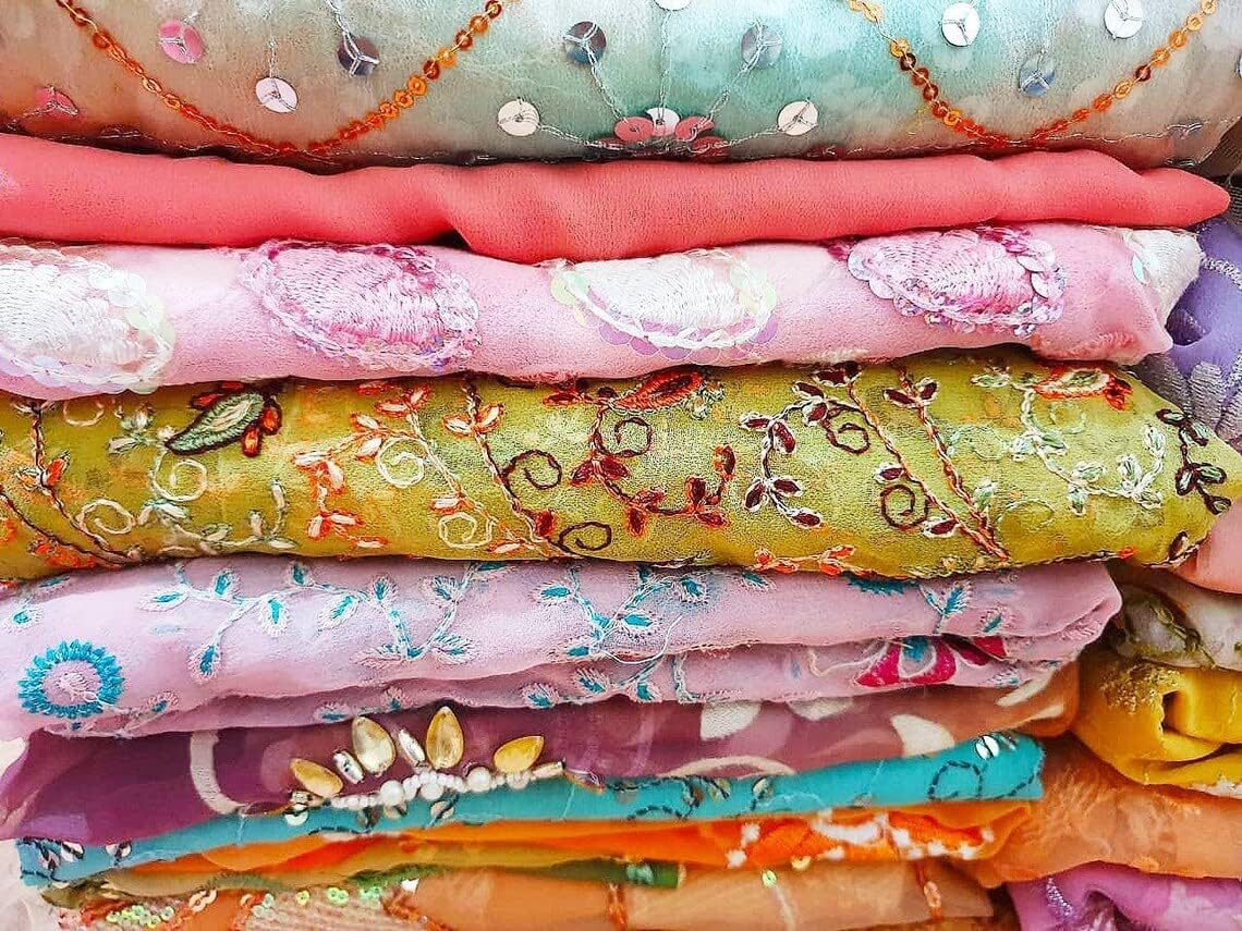 Vintage Fabrics Crafts Sari Georgette Fabric Remnant Embroidered 15 Pieces Sewing Craft Home Decor Scrapbook Pastel Baby Shades, 5 Inches