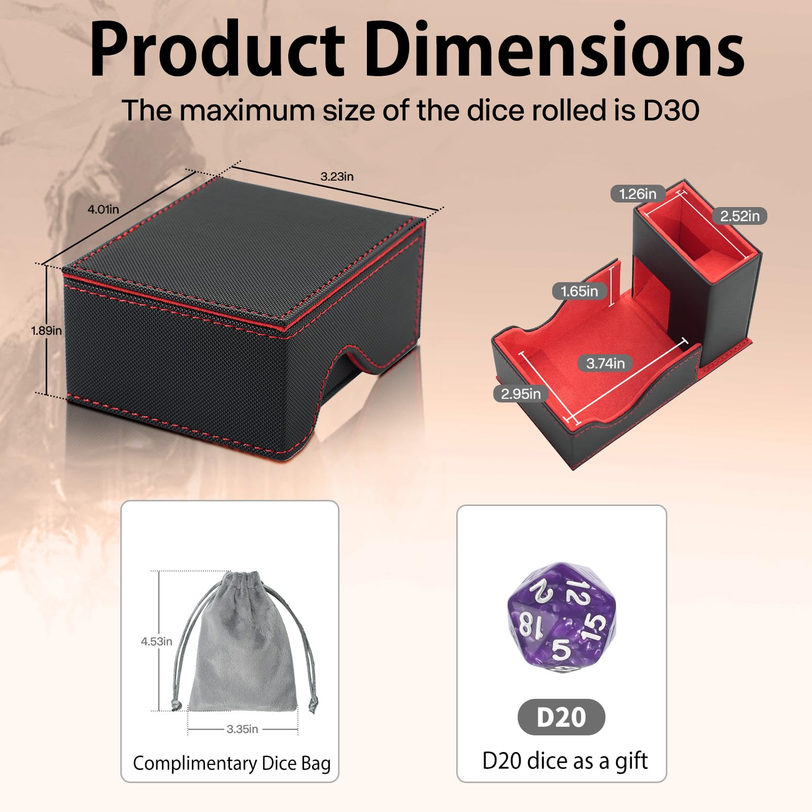 Torre de dados y bandeja, caja portátil Commander, caja de almacenamiento de dados plegable para Dungeons and Dragons, bandeja rodante negro/rojo