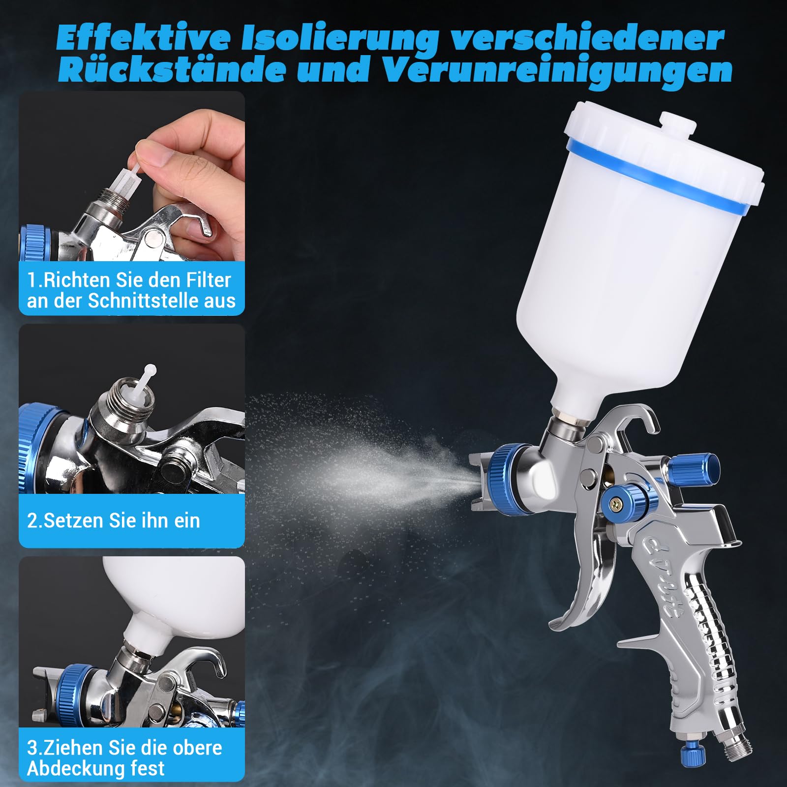 HVLP - Pistola a spruzzo con 3 ugelli, 1,4/1,7/2,0 mm, tazza da 600 ml, acciaio inox e rame, aria compressa