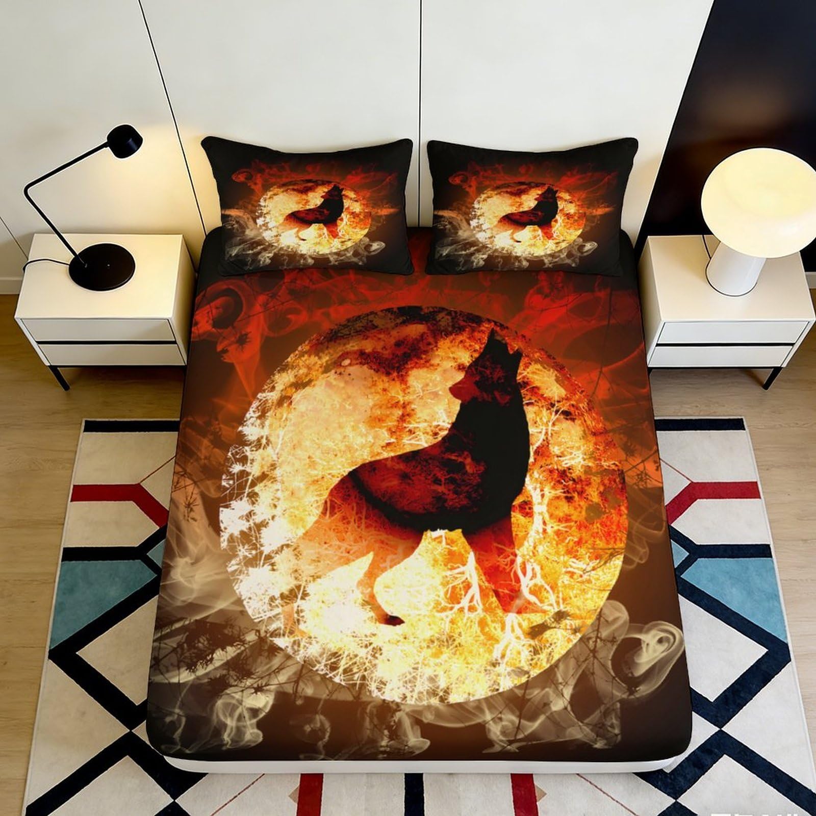 3D Printed Fiery Wolf Fitted Sheet Microfiber Soft Artistic Forest Mattress Cover for Bedroom Guest Room Decor 90x200x25cm
