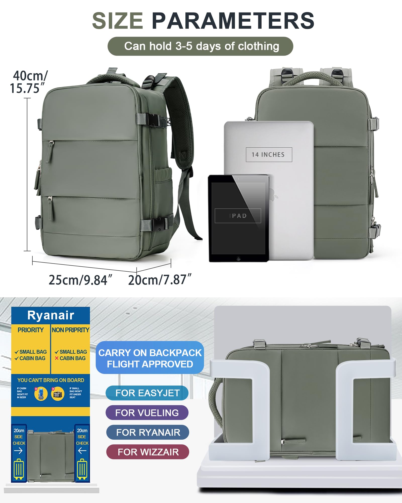 BJLFS Borse da Cabina per Ryanair 40x20x25 Bagaglio a Mano Zaino da viaggio aere,Zaino Easyjet 45x36x20,Zaino Casual per laptop da 14 pollici per scuola