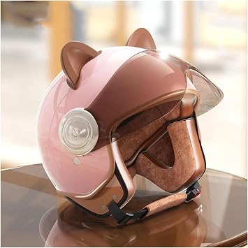 Vintage Cat Ears Adults & Kids 3/4 Open Face Motorcycle Helmet, DOT Approved Retro Youth Electric Motorbike Helmet for Men Women & Boys Girls, for Go-Kart Dirt-Bike