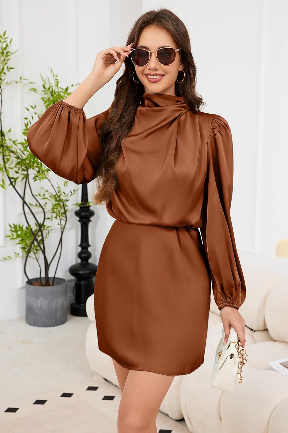 Cocktail Dresses for Women Long Sleeve Satin Short Formal Dress Elegant Mock Neck Silk Wedding Party Mini Dresses - Image 5