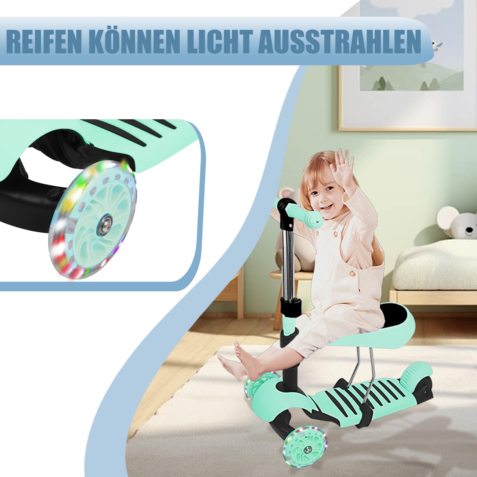 Patinete Scooter para niños con asiento extraíble, altura ajustable 2-8 años, rueda flash de PU, + caña telescópica