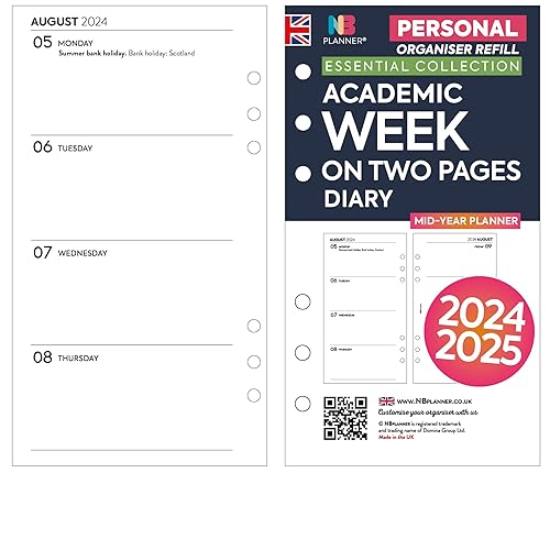 Personal size Academic 2024-2025 Week on two pages organiser refill white | UK holidays | Filofax personal COMPATIBLE (Mid-year basic (Aug 24 – Jul 25))