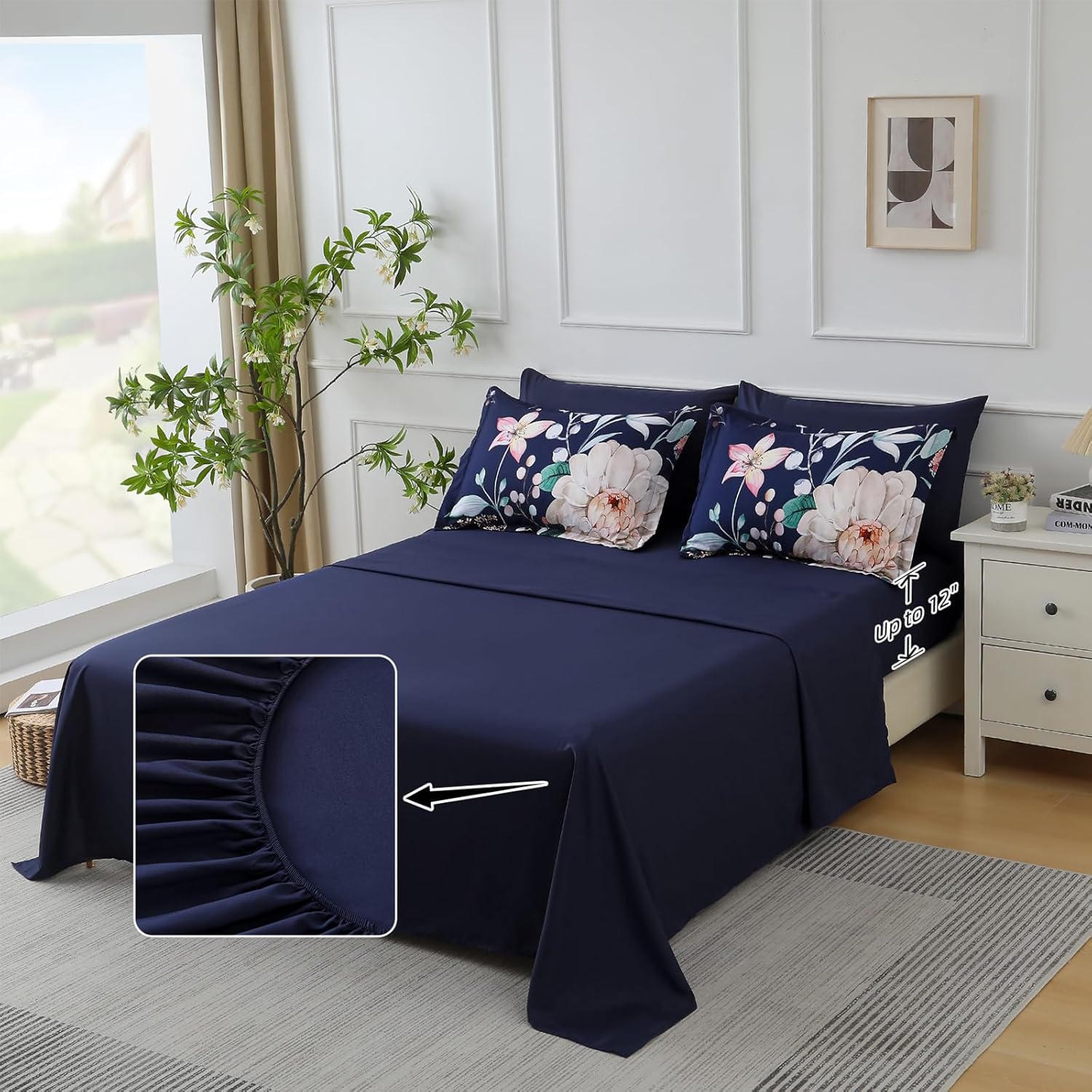 Drucon Navy Blue Comforter Set Queen Size - 7 Pieces Floral Bedding Sets, Soft Botanical Flowers Comforter Bed in a Bag with Sheets, Pillowcases & Shams