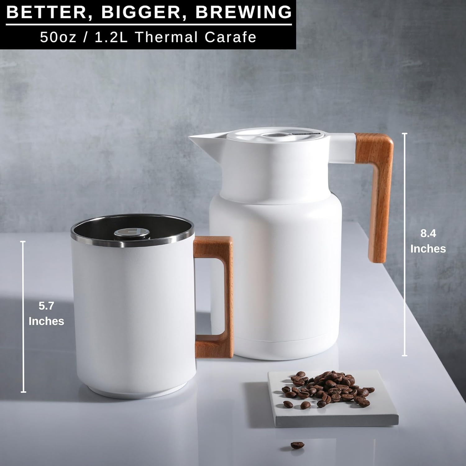 HASTINGS 50 Oz Pour Over Coffee Maker Set with Double Layer Reusable Stainless Steel Filter 8-Cup and Wood Handle - Dual Wall Heat Resistant Drip Coffee Brewer, Pour Over Coffee Dripper Carafe, White