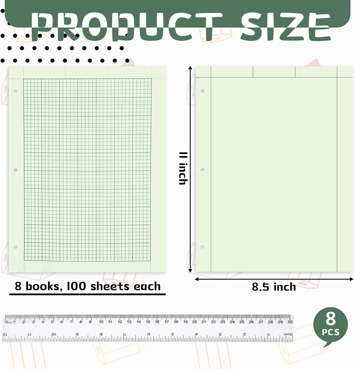 Feifeiya 8 Pack Engineering Paper Notebook Graph Paper Pads 8.5 x 11 Inches Engineer Computation Pad with Plastic Rulers 12 Inch,3 Hole 5x5 Quad Grid Engineering Pad, 100 Sheets/Pack (Green)