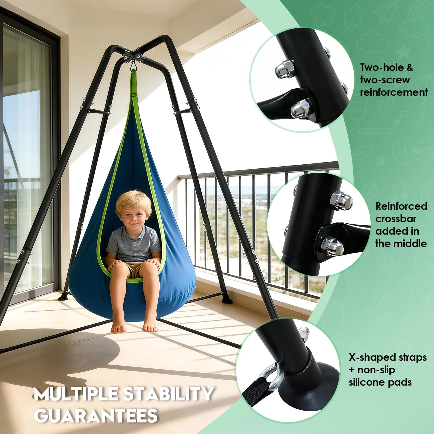 300LBS Heavy Duty Sensory Swing with Stand, X-Shaped A-Frame Anti-Rust Weather Resistant, Indoor Outdoor Pod Hammock Chair for Adults, Included Hardware for Backyard/Playroom/Park