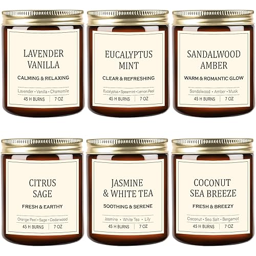 6PCS Aromatherapy Soy Candle for Women, Lavender Vanilla/Eucalyptus Mint/Sandalwood Amber/Jasmine &White Tea/Coconut Sea Breeze/Citrus Sage