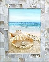 Handmade 5x7 Mother of Pearl Mosaic Photo Frame - Vintage Coastal Beach Decor, Tabletop or Wall Hanging White
