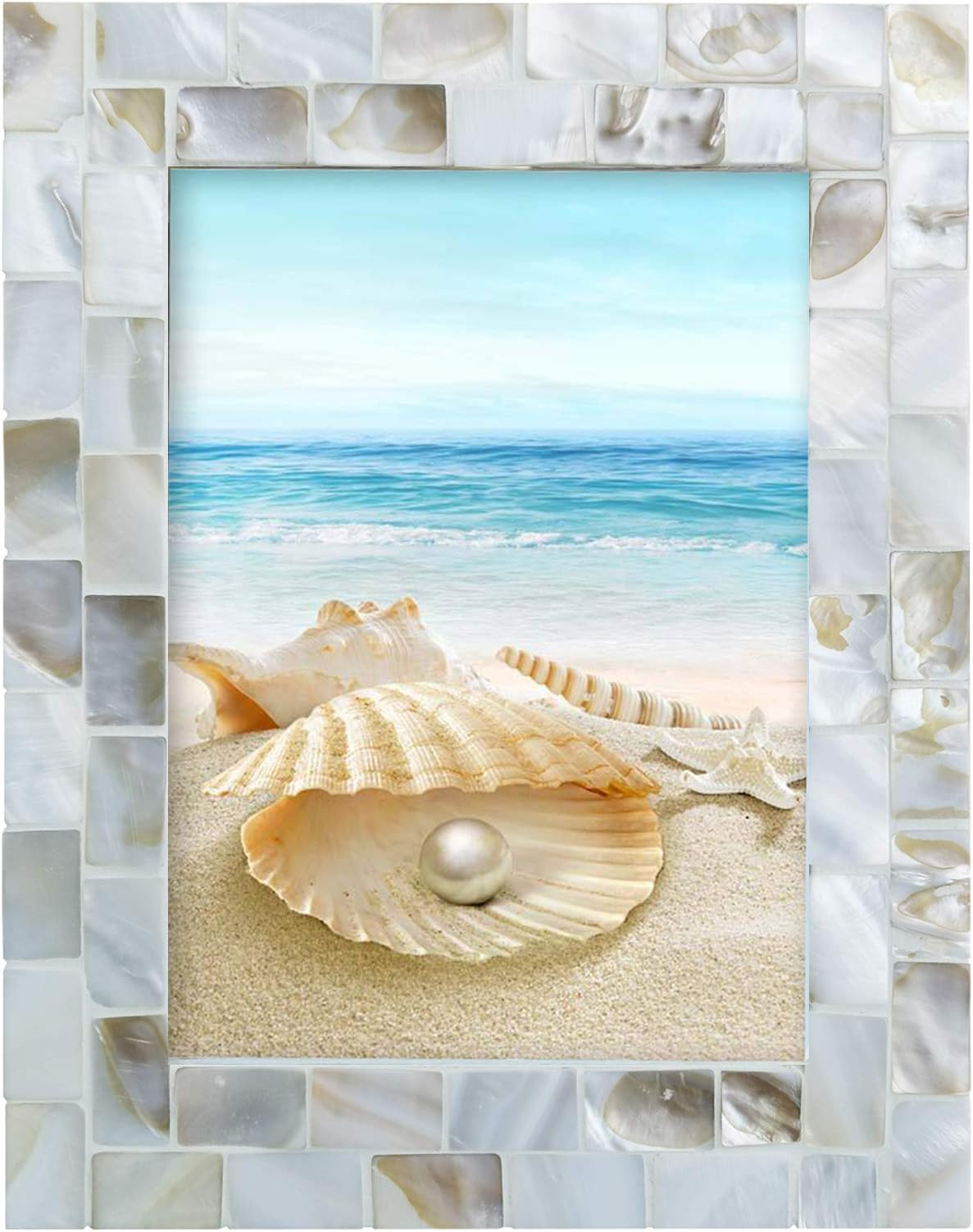 Handmade Picture Frames, 5" x 7"Vintage Mother of Pearl Photo Frame,Unique Natural Style,Chic Mosaic Beach Picture Frame Tabletop or Wall Hanging Display Frame (White, 5x7)