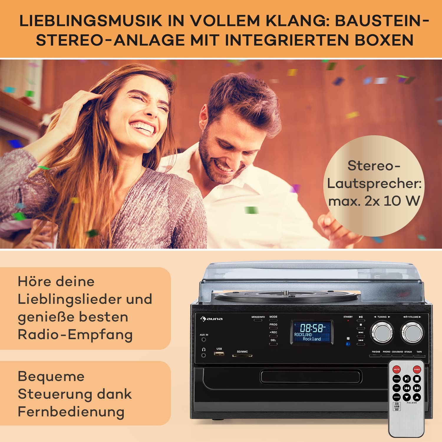 Auna Plattenspieler für Schallplatten, Plattenspieler mit Lautsprecher, CD-Player, USB & DAB Radio, Schallplattenspieler im Retro-Design, Moderner Record Vinyl Player, mit Bluetooth