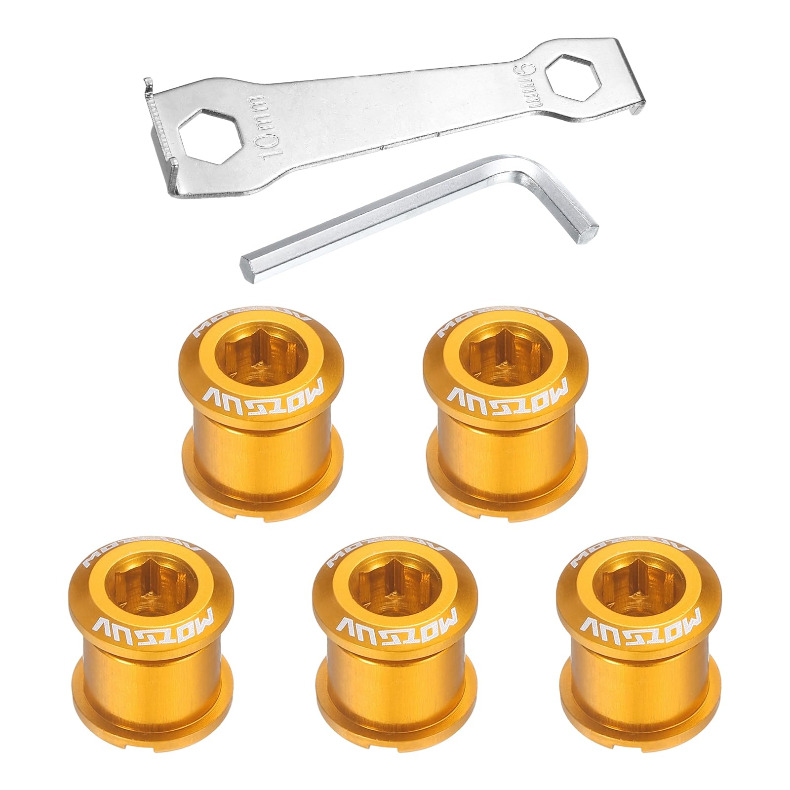 sourcing map 5pcs Double Chain Ring Bolts M8 Aluminum Alloy Bicycle Crankset Nut Chainwheel Screws with Mountain Wrenches for Road Bike Mountain Bike, Yellow