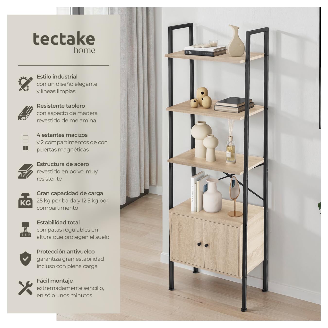tectake® Estanteria Pared, Estanteria Libros, Mueble Auxiliar Baño con 5 Baldas, Estantería Madera para Oficina y Recibidor - 57,5 x 34 x 173 cm Madera Industrial Clara, Roble Sonoma