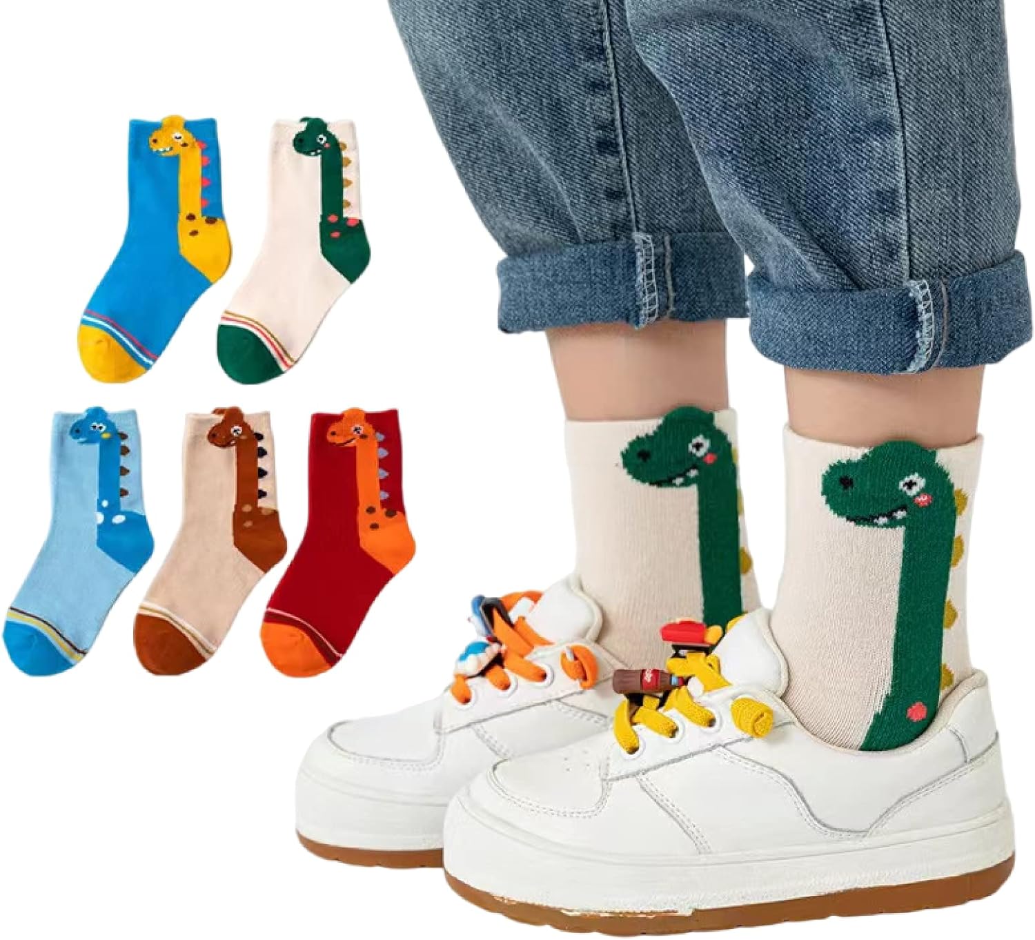 YIPINU Calcetines de dinosaurio para niños y niñas de 1 a 3 años y 9 a 12 años, paquete de 5 calcetines de regalo para niños