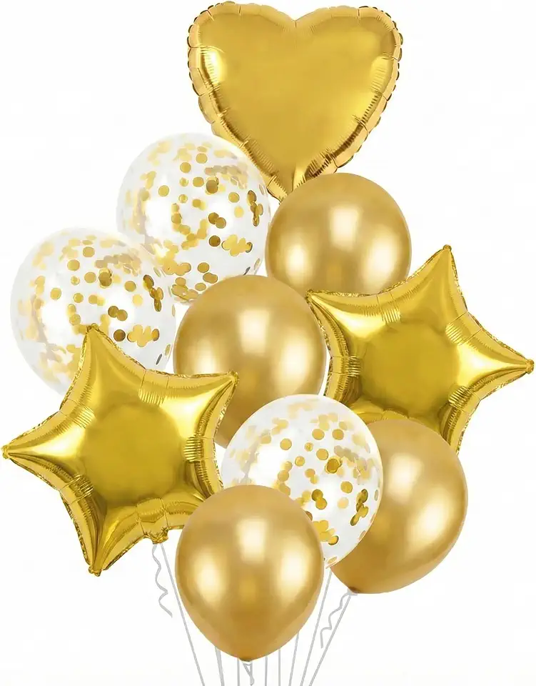 Balão Kit Buquê Estrela e Coração 10 Peças (Dourado)