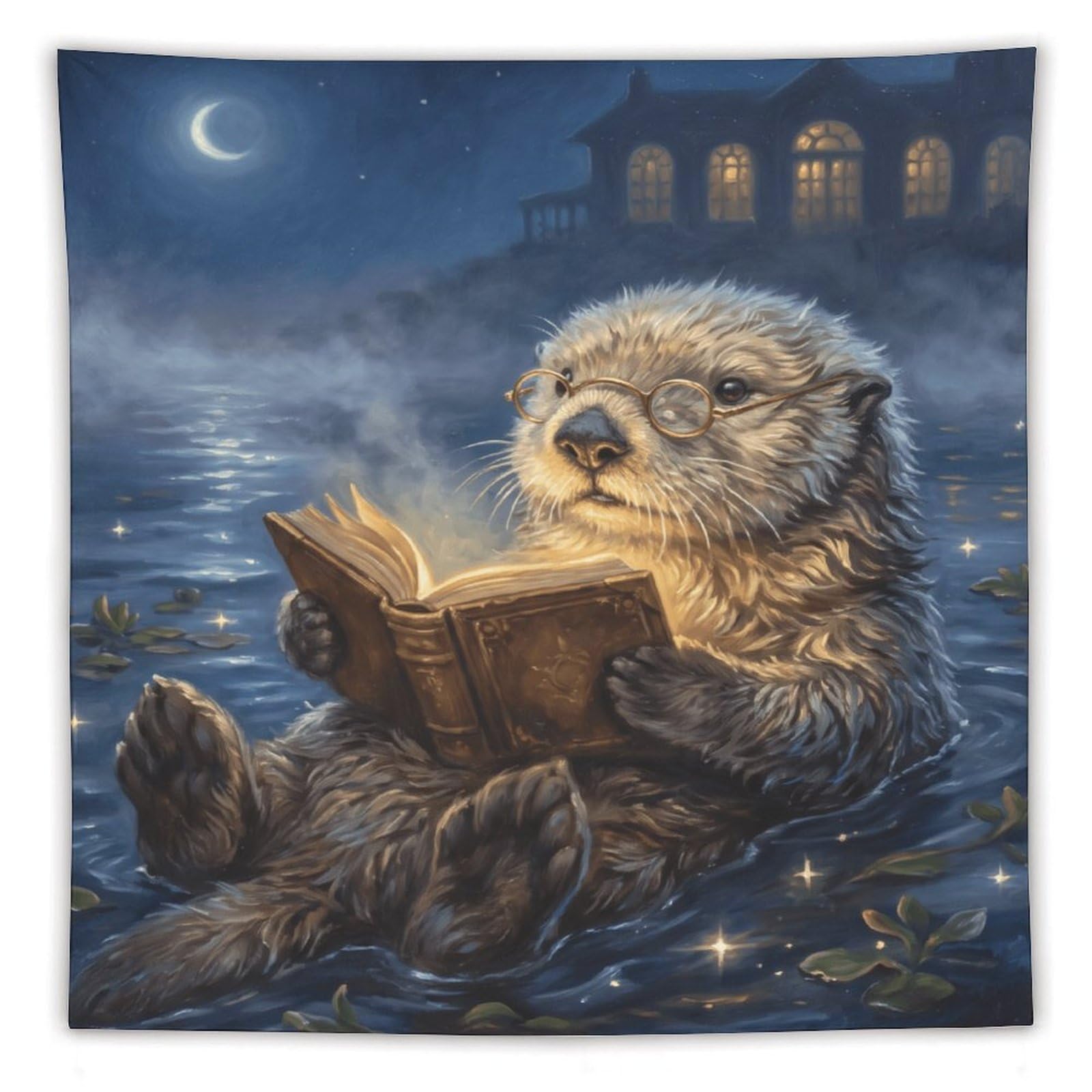W7C8U2X3 Moonlit Reading Otter Wall Tapestry, Whimsical Animal Story