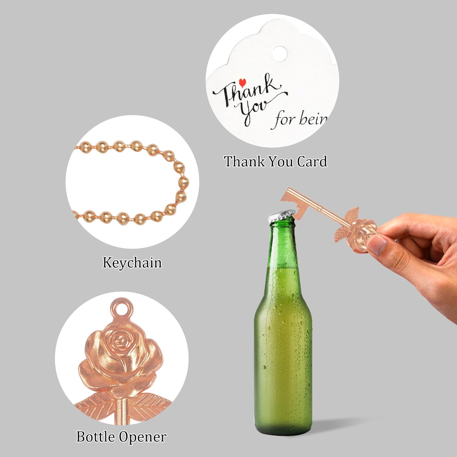 Aokbean 100 PCS Rose Flower Shaped Keys Wedding Favors Gift for Guest Bulk Skeleton Key Bottle Opener with Card and Chain for Rustic Party Bridal Showers Decorations (Rose Gold)
