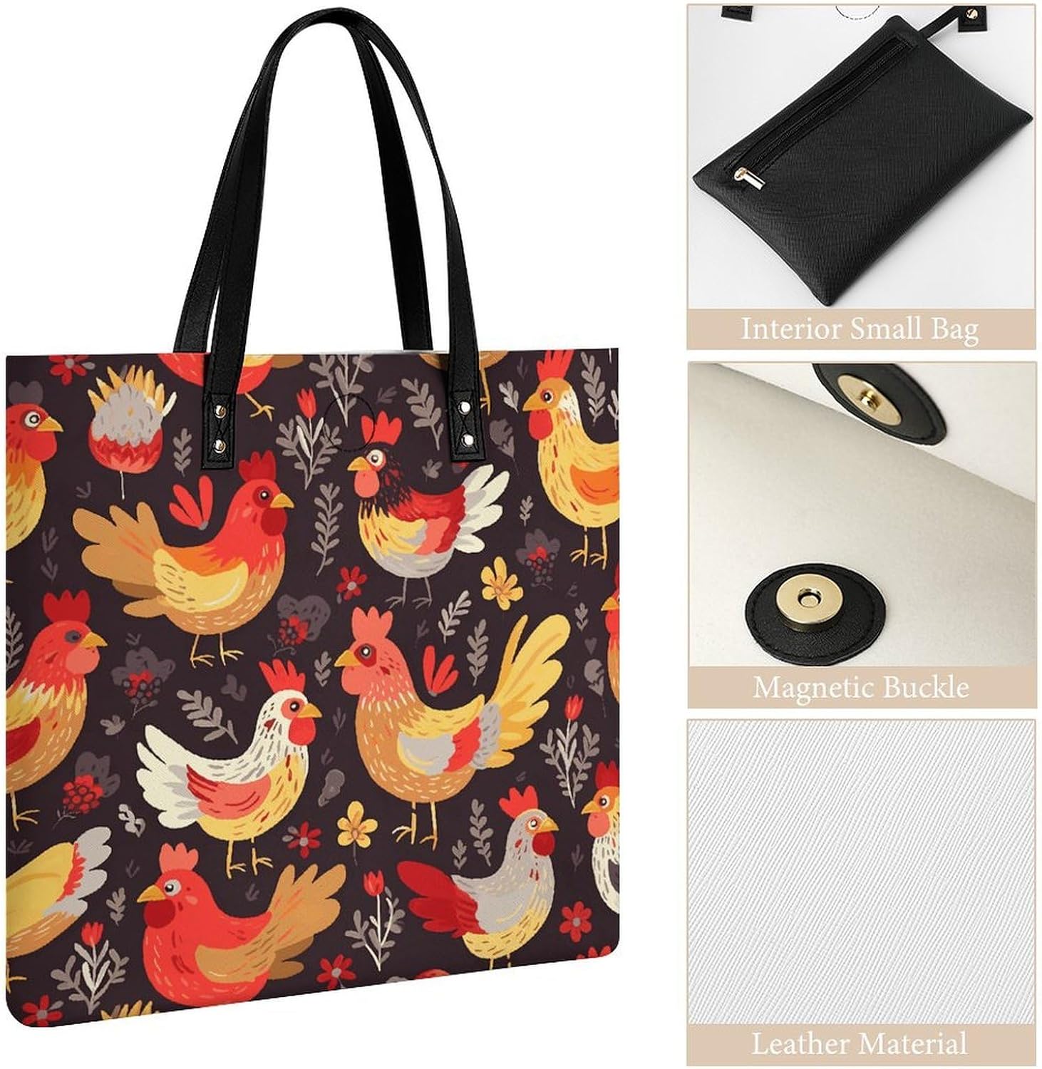 Cute Rooster Chickens Handbags Large Capacity, Tote Bag Stylish Slouchy, Shoulder Bags for Work Beach Travel And Shopping Grocery.