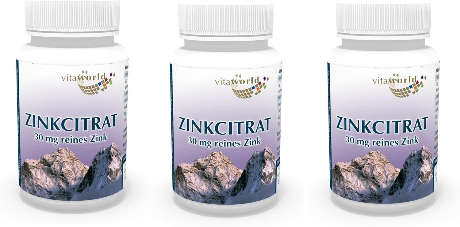 3 Pack Vita World Zinc Citrate 30mg Pure Zinc 180 Capsules Made in Germany