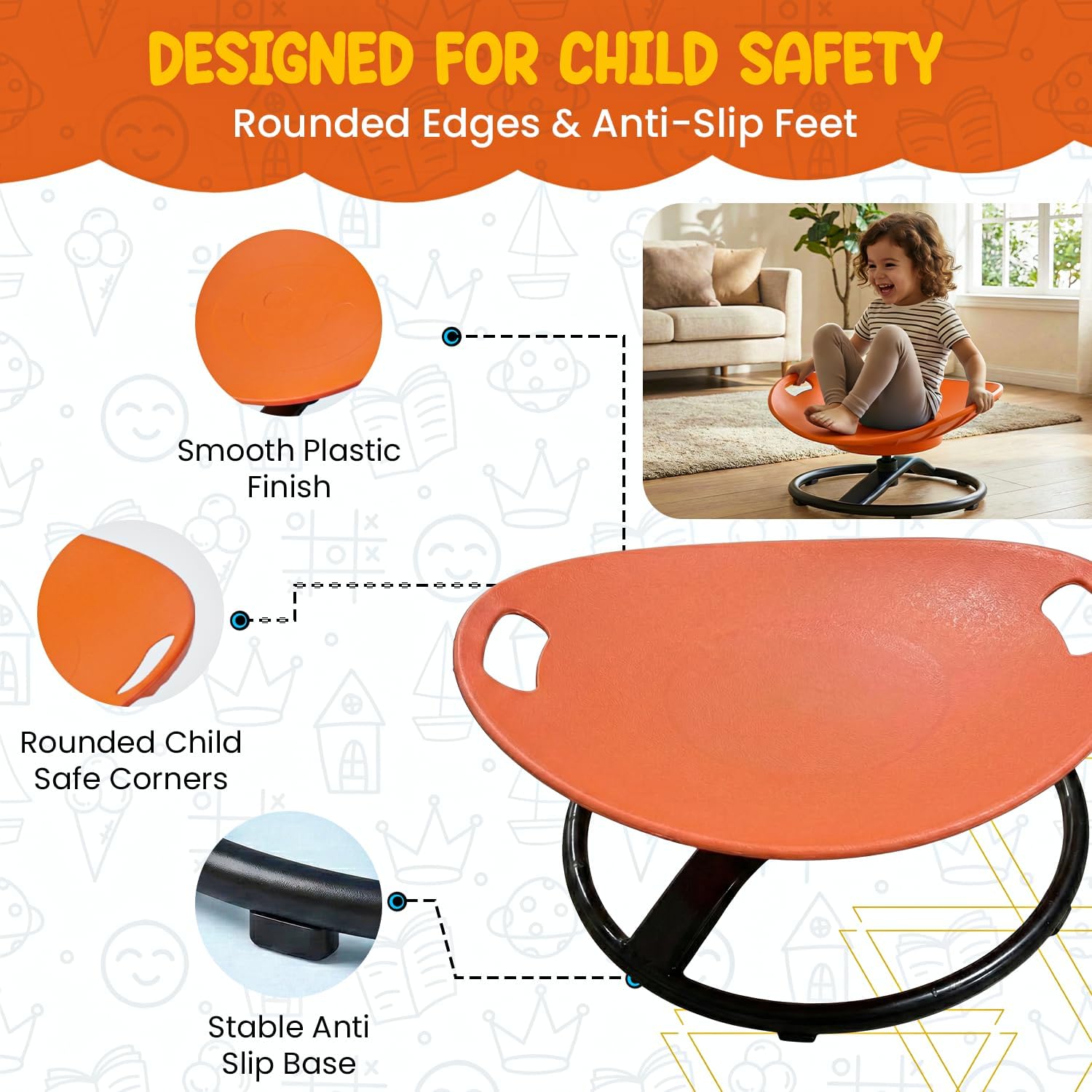 Sensory Spinning Chair for Kids 3+ Years, 17.7" x 17" Sit and Spin Toddler Chair with Child-Safe Edges and Anti-Slip Feet – Sensory Toys Gift for Body Coordination and Fun Playtime (Orange)
