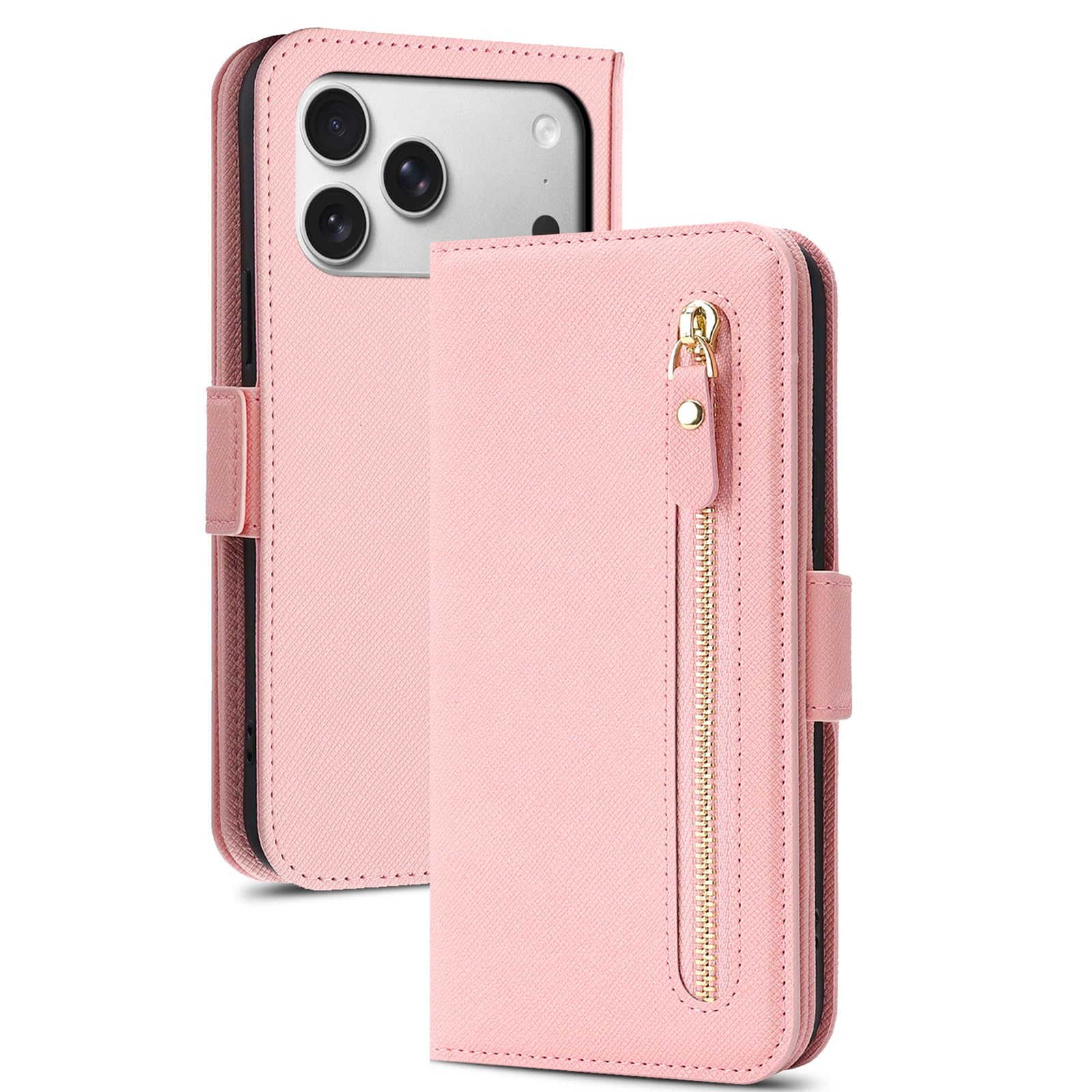 MFAOSHI Crossbody Case for iPhone 17 Pro Max/17 Pro/17 Air/17, Zipper Wallet Flip Leather Cover with Makeup Mirror Kickstand Function Case,Flesh,17